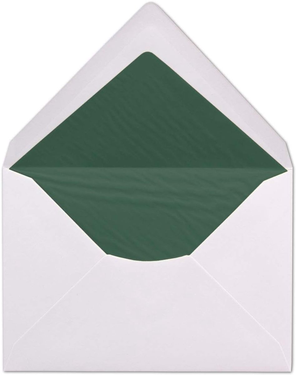 50 DIN C6 enveloppen - wit gevoerd met donkergroen zijdepapier - 11,4 x 16,2 cm - 100 g/m² natte plakrand enveloppen zonder adresvenster
