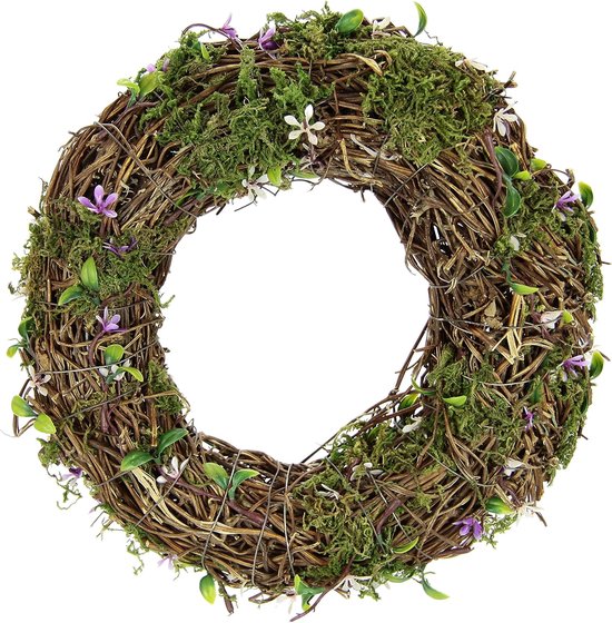 Foto: Krans met bladeren en mos wilgenkrans romantische decoratie bloemenkrans rotankrans decoratieve krans kaarskrans kunstbloemendecoratie landhuis kransen onbewerkte paasdecoratie voorjaar