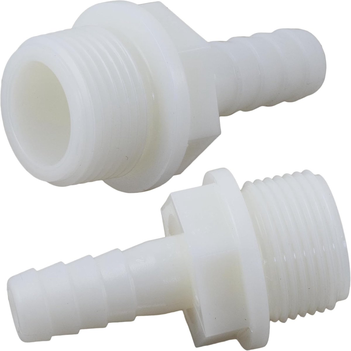 - Set van 2 rechte geribbelde mannelijke aansluitstukken, 3/4 inch x Ø 13 mm om vast te schroeven, buitendraad, adapter, irrigatiecircuitaansluiting, van polyamide, wit, C75008