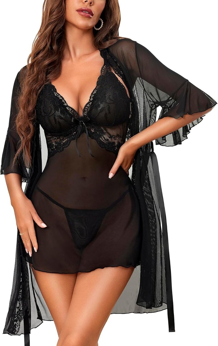 Sexy lingerie voor dames, kanten babydoll, met gewaad, nachtjapon, nachtkleding