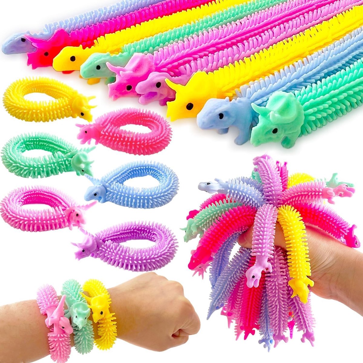 40 stuks fidget rekbare touwtjes, 20 cm dinosaurus sensorische touw speelgoed kalmerende noedels rekbare touwtjes voor kinderen en volwassenen tegen angst, friemelen, kinderdag