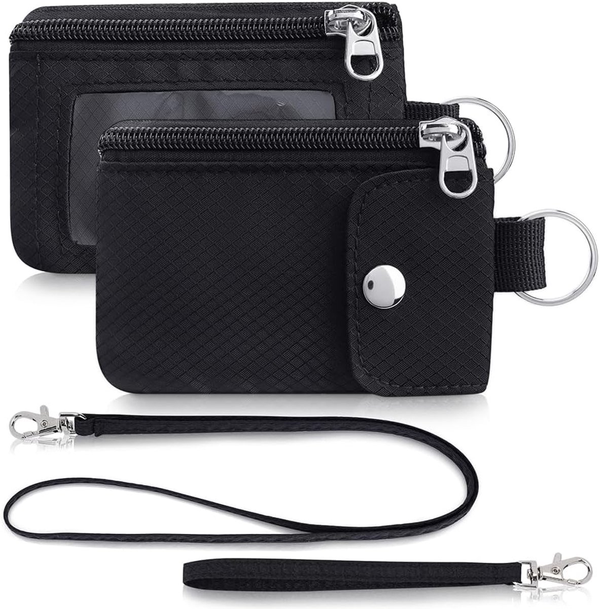 Minimalistische portemonnee voor heren vrouwen, sleutelhanger RFID-blokkerende rits kleine portemonnee met ID-venster 2 lanyards, waterbestendig reizen cash card munthoesje jongens meisjes