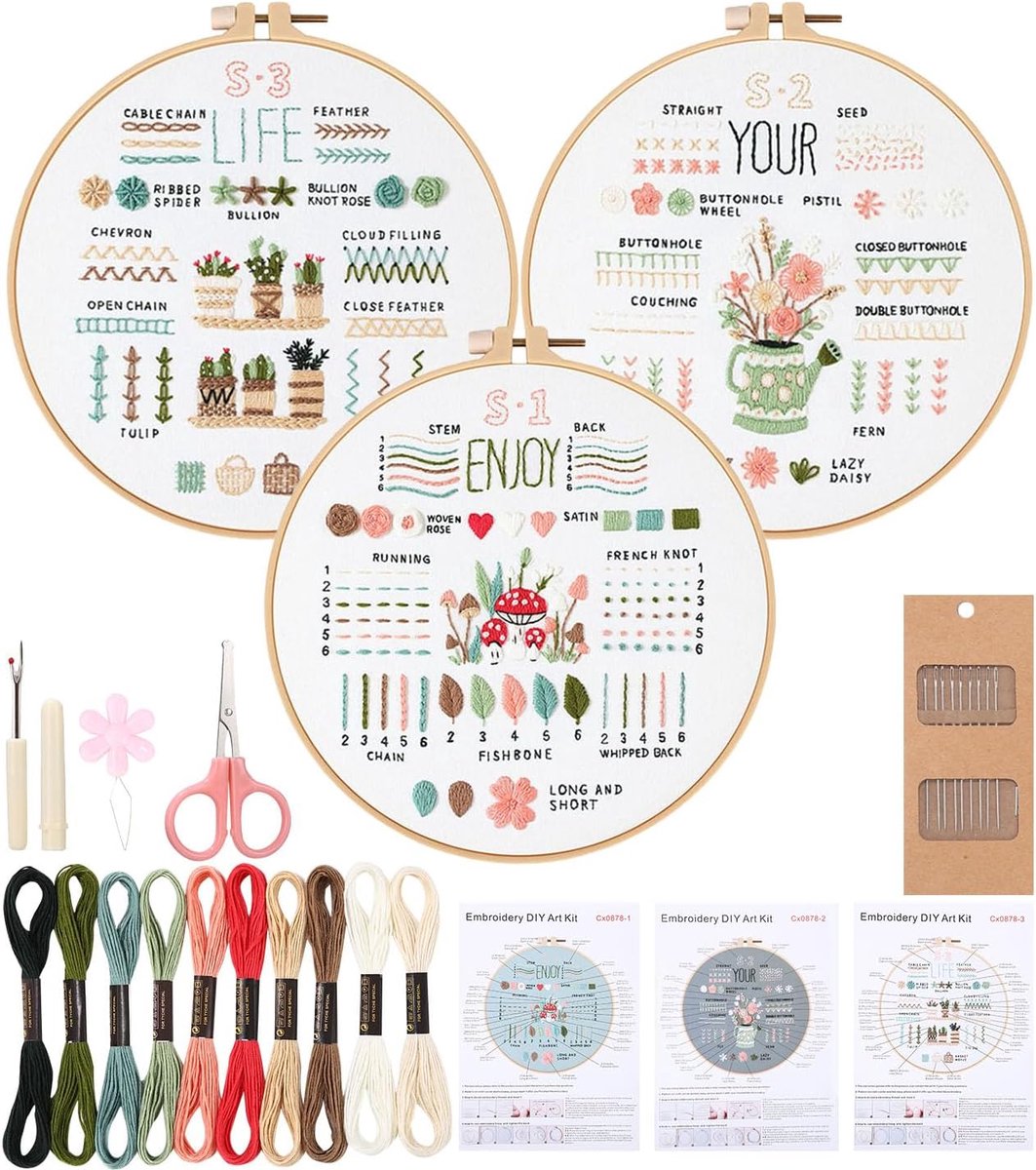 Borduurset voor volwassenen, bloemenpatroon, plantenborduurset voor beginners, kruissteekset met kleurdraden en gereedschap, kerstfeestcadeau