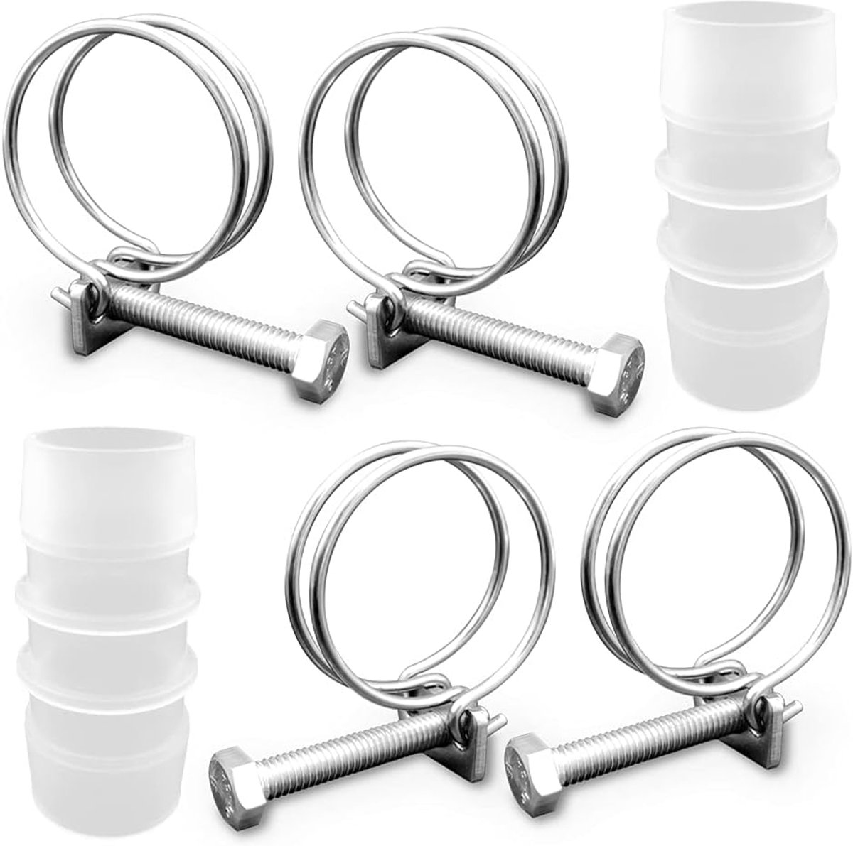 4 Stks Dubbele Draad Slang Clips met 2 Stks Inline Vijver Slang Connector Jointer | Verstelbare 304 roestvrijstalen slangklemmen, geschikt voor thuis en industrie (25 mm/ 1 inch)