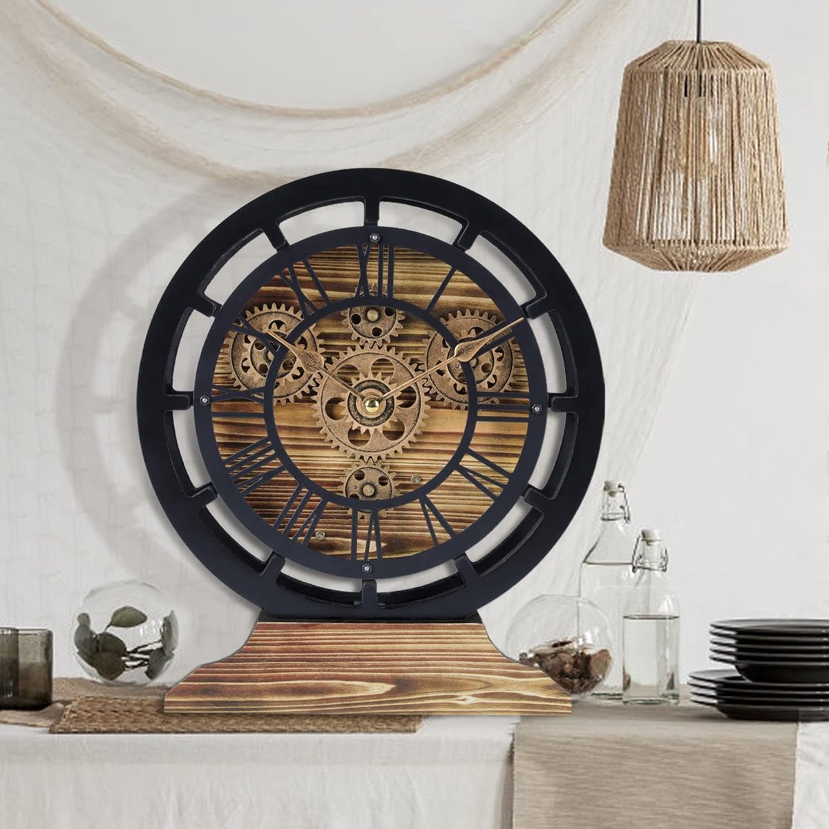 25 cm Echte Bewegende Tandwielen Wandklok met Afneembare Voet, 2-in-1 Zwarte Schoorsteenmantelklokken Houten Vintage, Boerderij Rustiek Retro Tafel Wandklokken voor Woonkamer Decoratie Thuis