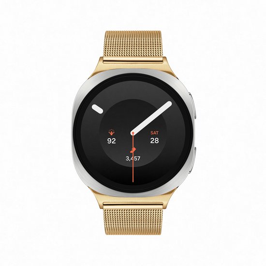 Gouden smartwatch met zilveren rand en zwart scherm met 'SAT 28' en '92' in het oranje.