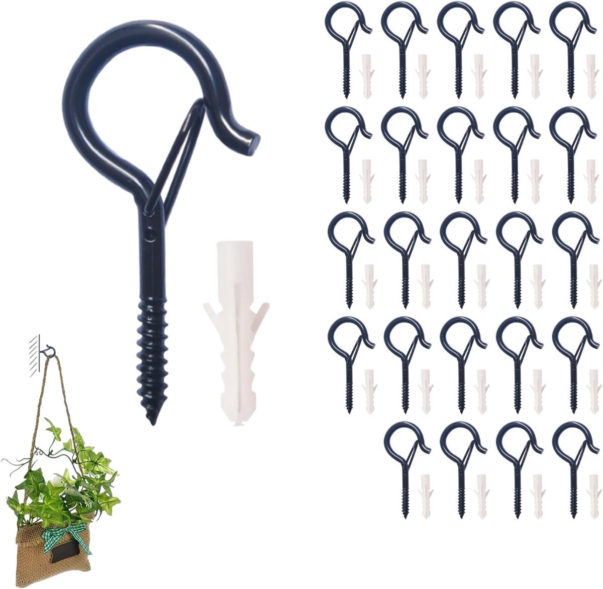 25 stuks metalen multifunctionele plafondhaken set, 6,5 cm sterke en zware schroefhaken, schroefbare muur Q-hanger haken voor hangende planten, gebruiksvoorwerpen, verlichting en spullen, geweldig