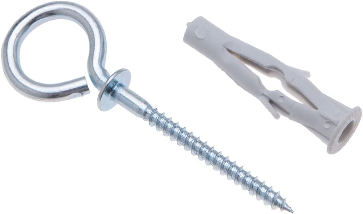 8/4.5x85 Oog schroef met muurplug, ringschroeven met pluggen, zelftappende ronde oogschroeven met anker, oogbouten voor beton, gipsplaat, baksteen, gips, steen, plafond (Pack of 25)