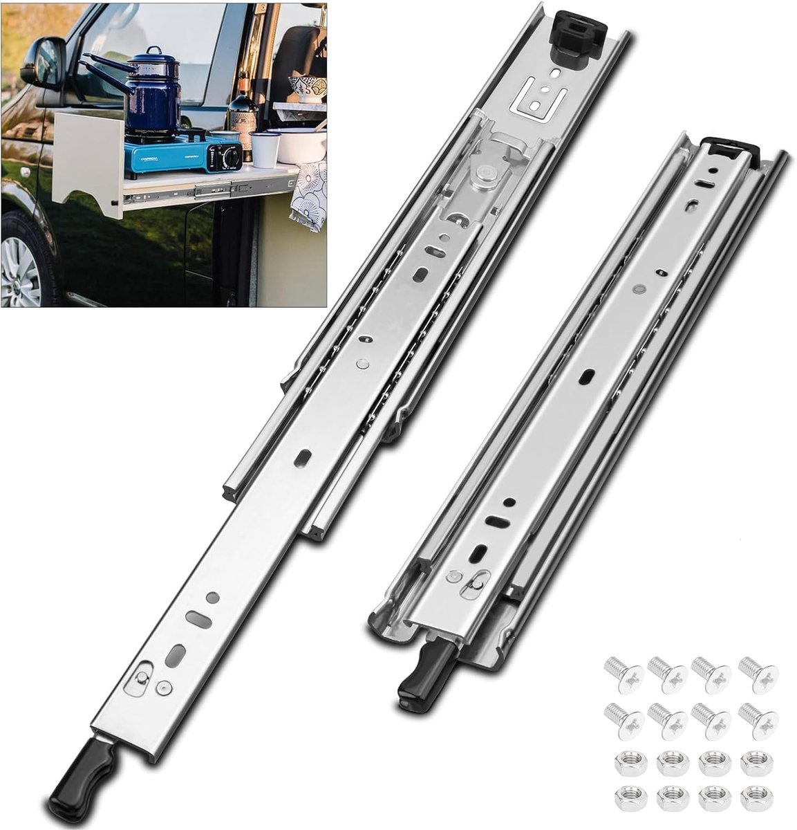 Ladegeleiders met slot, 1 paar (2 stuks), volledig uittrekbaar, draagvermogen 110 kg, uitschuifbare geleiderails. Zilver.