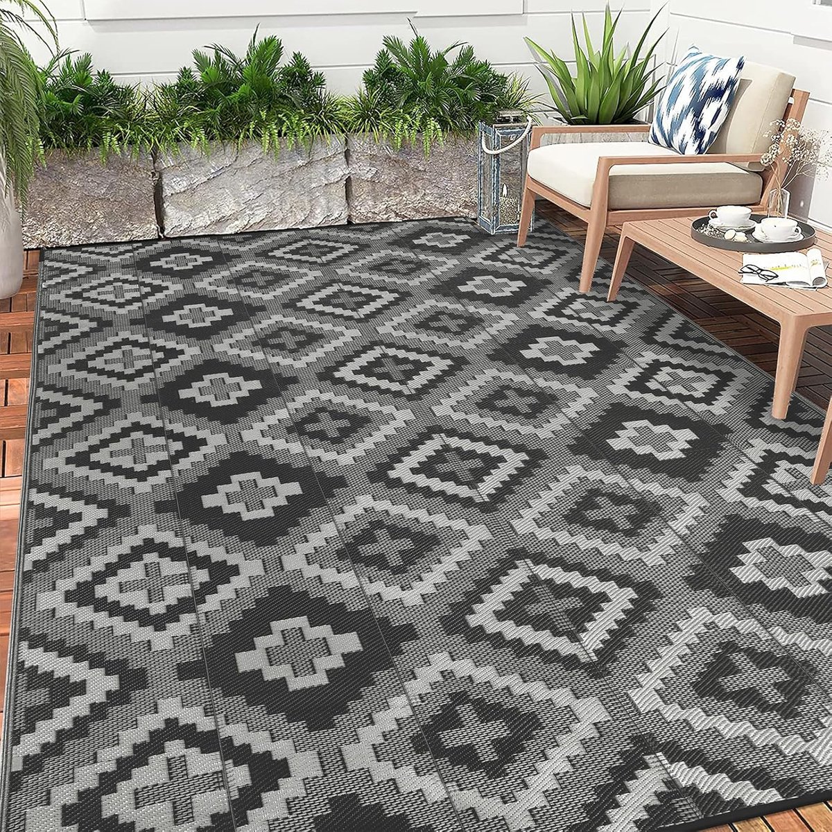 Groot Buitentapijt 180 x 270 cm, Robuuste Vlakweeftiek Kunststof Picknickmat, Draaibare UV-bestendige Campingmat, Waterdicht Kleurvast Balkontapijt voor Outdoor RV Camping, Zwart