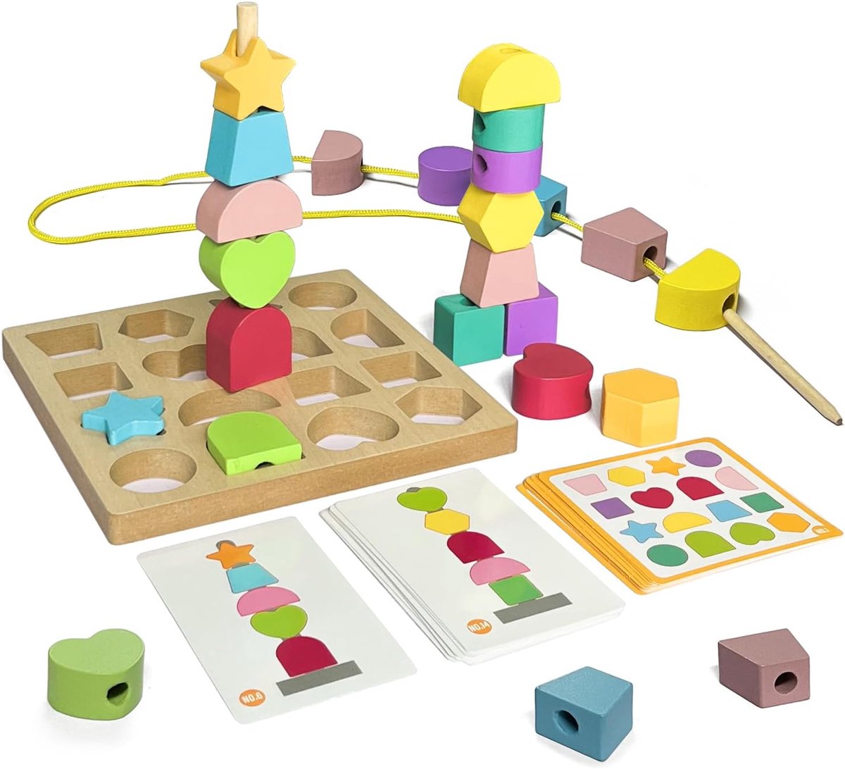 Montessori Houten spelletjes voor kinderen, 3-in-1 geometrische vormen, sorteren en stapelen, blok boardvormen, geometrische kleuren, sorteren, speelgoed, cadeau voor jongens en meisjes van 2
