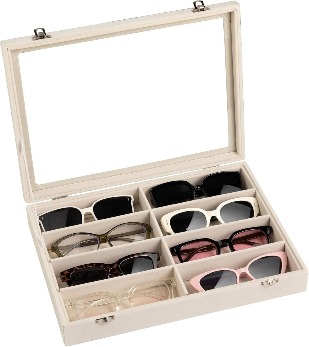 Zonnebrilorganizer, fluwelen brillenorganizer, 8-slots zonnebrillade met doorzichtig deksel, zonnebrillendoos, zonnebrillenetui, 30 x 22 cm, brillen/brillendisplay lade (beige)