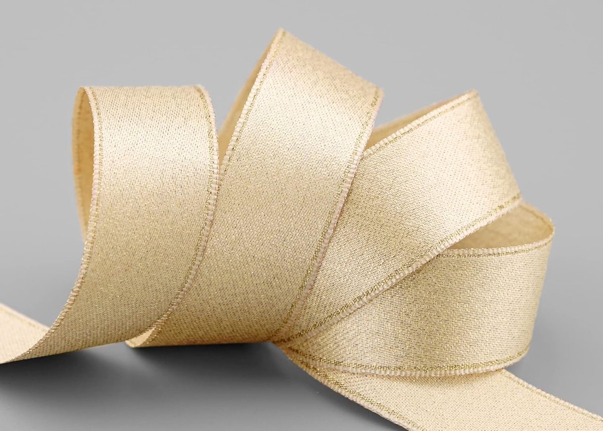 20 m x 25 mm satijnen lint, glinsterend met Lurex crème goud, dubbelzijdig lint van satijn zonder draad, zacht en glanzend, cadeaulint, decoratief lint, decoratie lint, decoratie voor