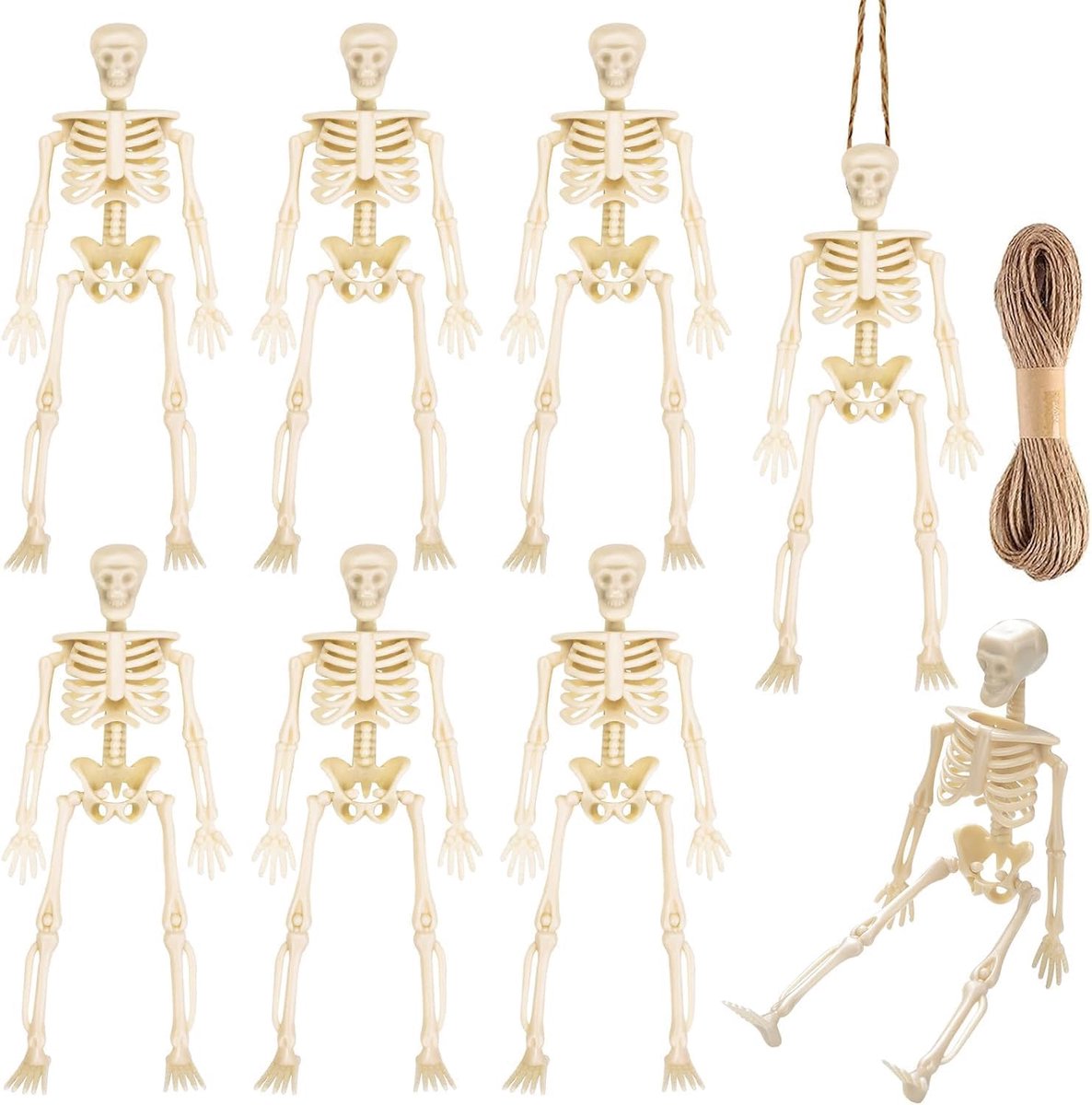 8 stuks Halloween-skelet, mini-skeletspeelgoed, Halloween-decoraties skelet, 5 meter henneptouw, geschikt voor Halloween-feestjes en rekwisieten voor spookhuizen
