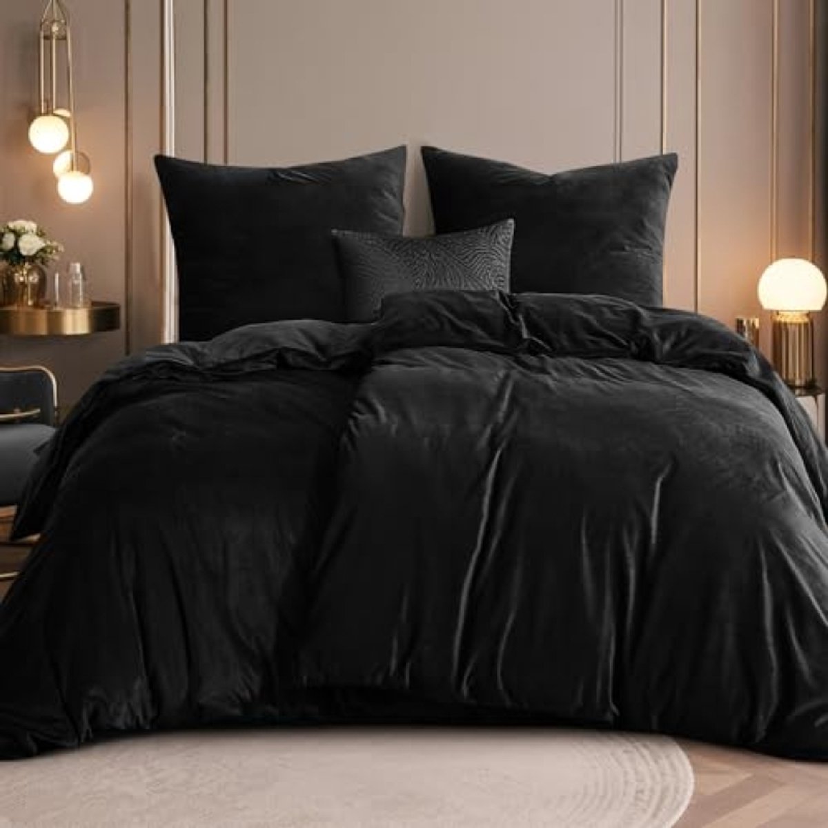 Flanellen beddengoed 135x200 cm 4-delig dekbedovertrekset microvezelfleece zwart - Nazik Living