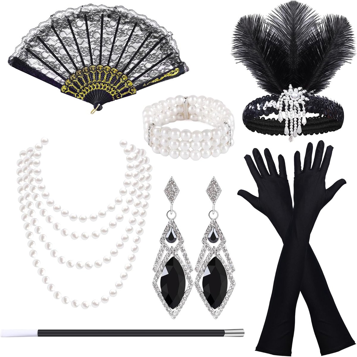 Jaren 20 kostuumaccessoires voor dames, flapper Great Gatsby accessoireset met hoofdband, armband, kanten waaier, handschoenen, halsketting, oorbellen voor carnaval en Halloween