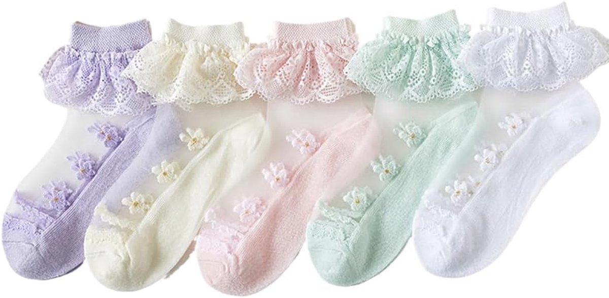 Sokken met ruches, roze bloemen, transparant, dunne sokken, zomer, kant, mesh, sokken (5 paar), Gemengde kleuren, 4-6 Jaren