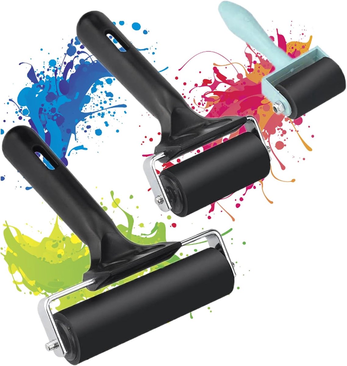 roller, 3 stuks rubberen rollen, linoldruk, set met handvat, rubberen roller | Verfroller voor printen, stempelen, behang en kunsthandwerk, aandrukrol voor linol- en blokdruk (3,5 cm/6 cm/10 cm)