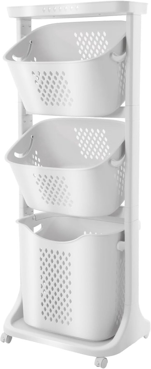 Wasmandwagen, 3 vakken, kunststof wasmand, wasmand met wielen, wasverzamelaar, 3 vakken voor badkamer, bijkeuken of woonkamer, wit