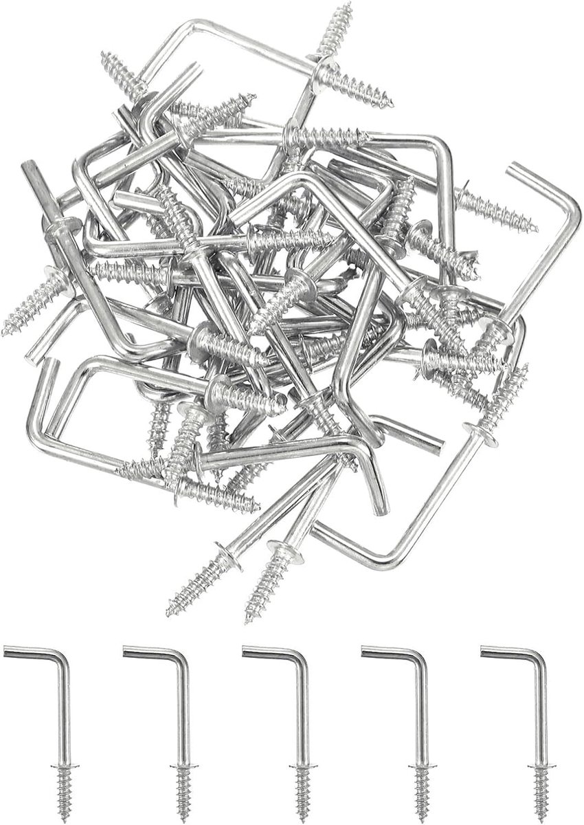 Haken, 1 inch rechthoekige haken, kleine schroefhaken van koolstofstaal in 7 vormen om op te hangen, zilver