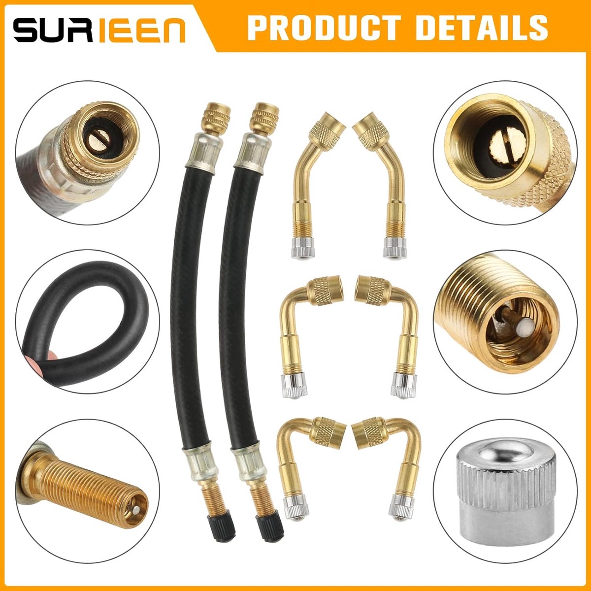 6 Stks Band Klep Extension, Koperen Klep Adapter 45 90 135 Graden Hoekklep met 2 Stks 180 mm Rubber Band Klep Extension voor Auto Motorfiets Bike Truck RV Scooter