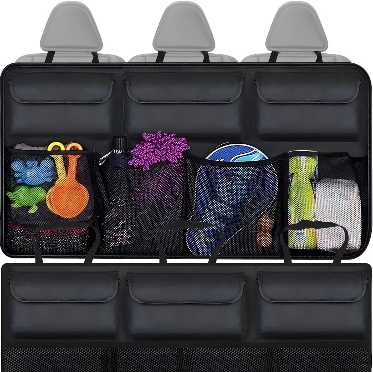 Autostoel Organizer Autoorganisator Hangende Car Organizer Achterbank Oxford-stof Geschikt van Kinderspeelgoed Tablet Kofferbaktas Multifunctionele 4 Mesh-vakken 3 Gesloten Zakken 89,5 x 35 cm