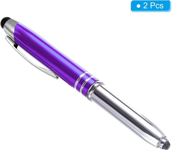Balpen met styluspunt en LED-zaklamp, 2 stuks 3 in 1 metalen pen zwarte inkt 1,0 mm medium punt stylus pen voor touchscreens, blauw — afbeelding 2