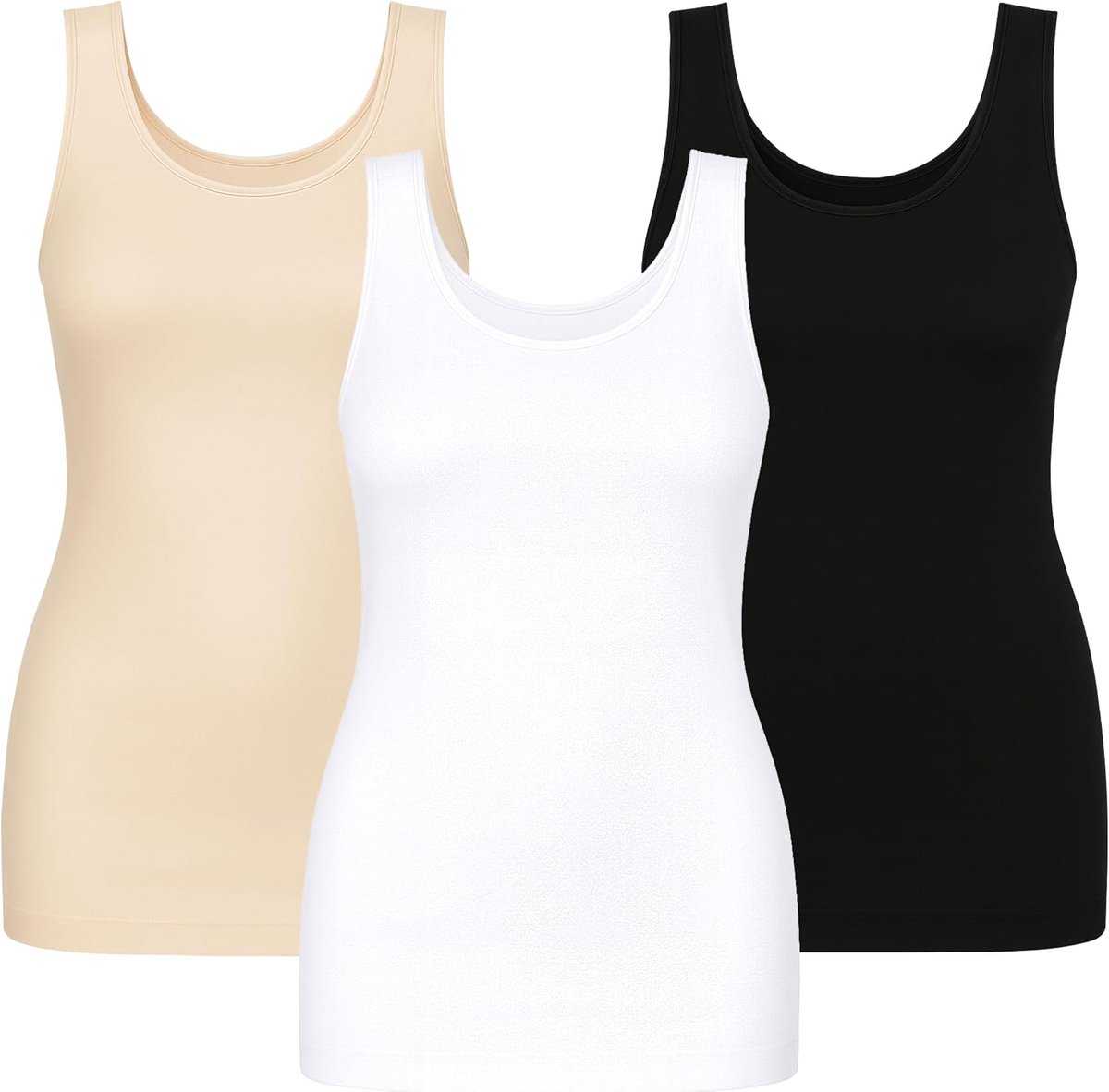 3-pack Longshirt Dames Ondershirts | Basic Feel Good Microvezel Damestop zonder Beugel | Onderhemd Dames Wit Zwart Beige