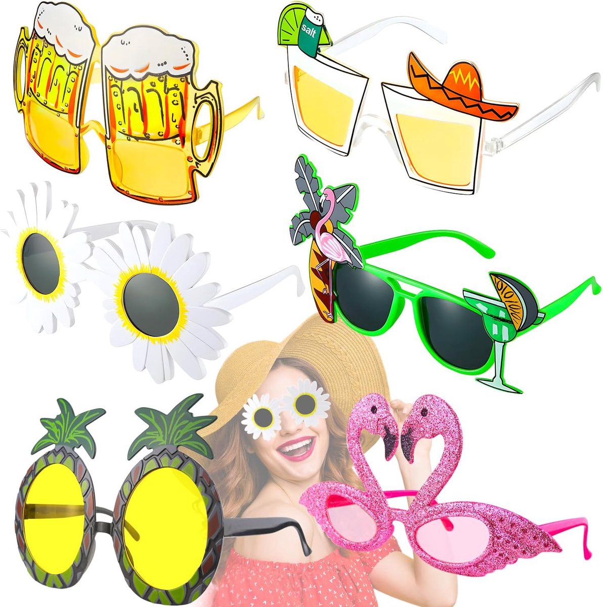 Brillen, grappige bril, feestbril, grappige zonnebril, set, Hawaiiaanse tropische bril, kostuum, feestbril voor strand, themadecoratie, feestaccessoires, fotorekwisiet, 6 stuks