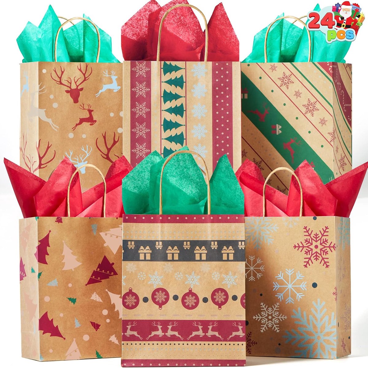 24 stuks kerst Kraft geschenkzakken met 6 verschillende ontwerpen voor Kraft tassen, kerstvakantie rood wit print Kraft zakken