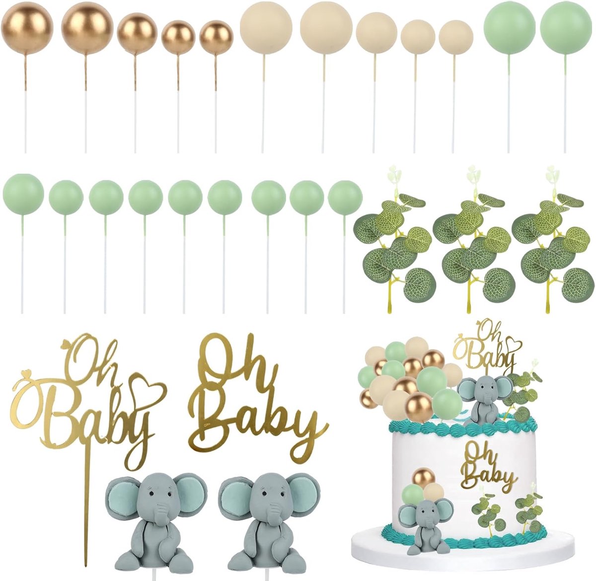 28 stukken voor babyshower, 2x 3D olifantentaarttopper en 21 taartballen, creativiteit Oh Baby voor jongens