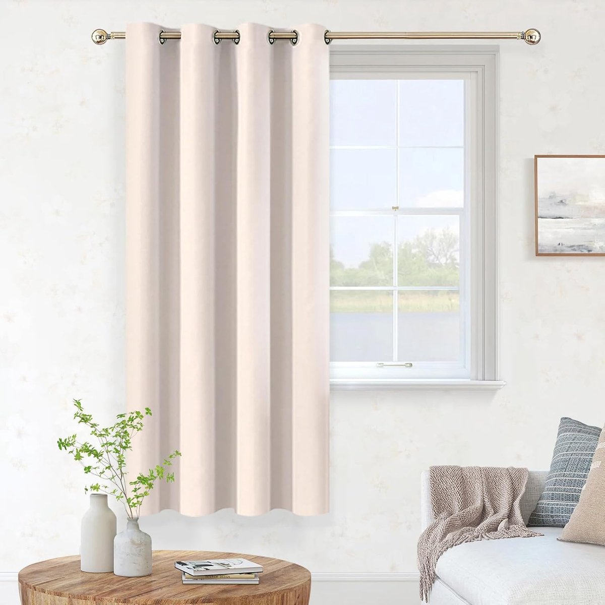 Korte ondoorzichtige gordijnen voor ramen, keuken, binnen, beige, verduisterend, met ogen, thermische gordijnen voor slaapkamer, voor koude woonkamer, moderne woonkamer, 140 x 160 cm, 1 paneel