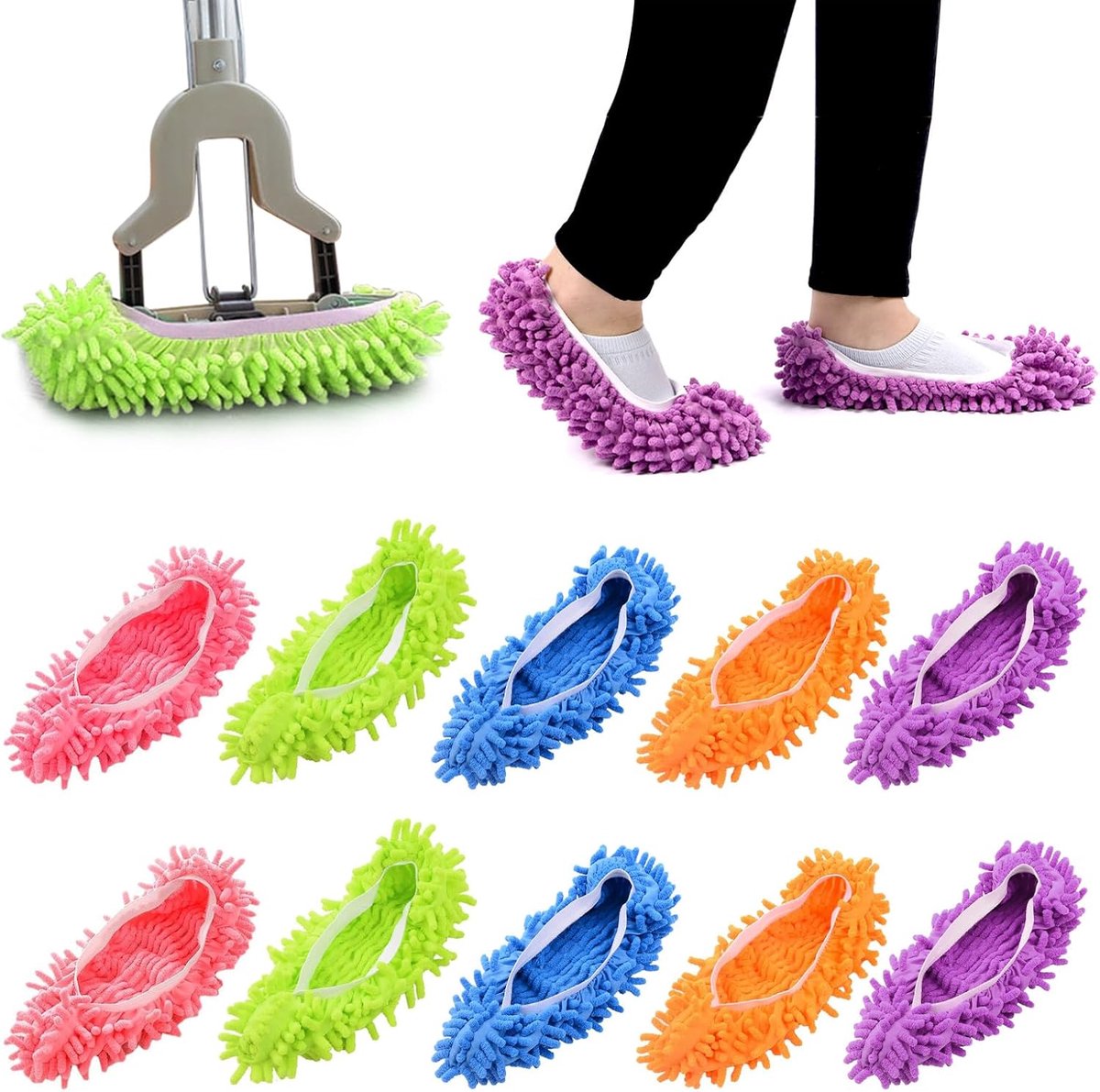 10 stuks/5 paar dweilpantoffels in 5 kleuren, 20,3 cm, multifunctioneel, wasbaar, herbruikbaar, zachte microvezel, voor huisreiniging, keuken, kantoor