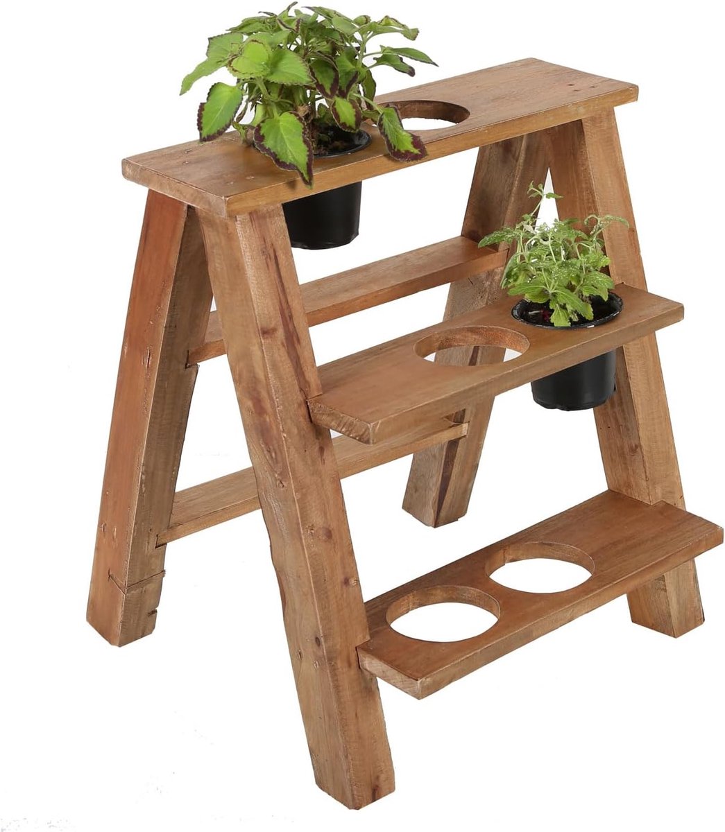 Moro Vicenza Bloemenstandaard, plantenrek, bloemenrek, tuin, plantentrap, ladderrek, 3 planken, inklapbaar, van gerecycled teakhout
