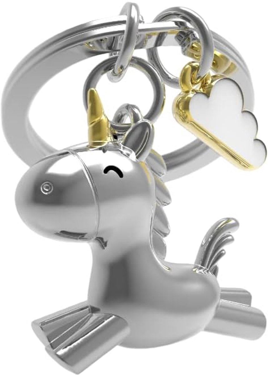 - Zilveren eenhoorn sleutelhanger met gouden en witte wolk bedel - MTM119-01, zilver., Eén maat, eenhoorn