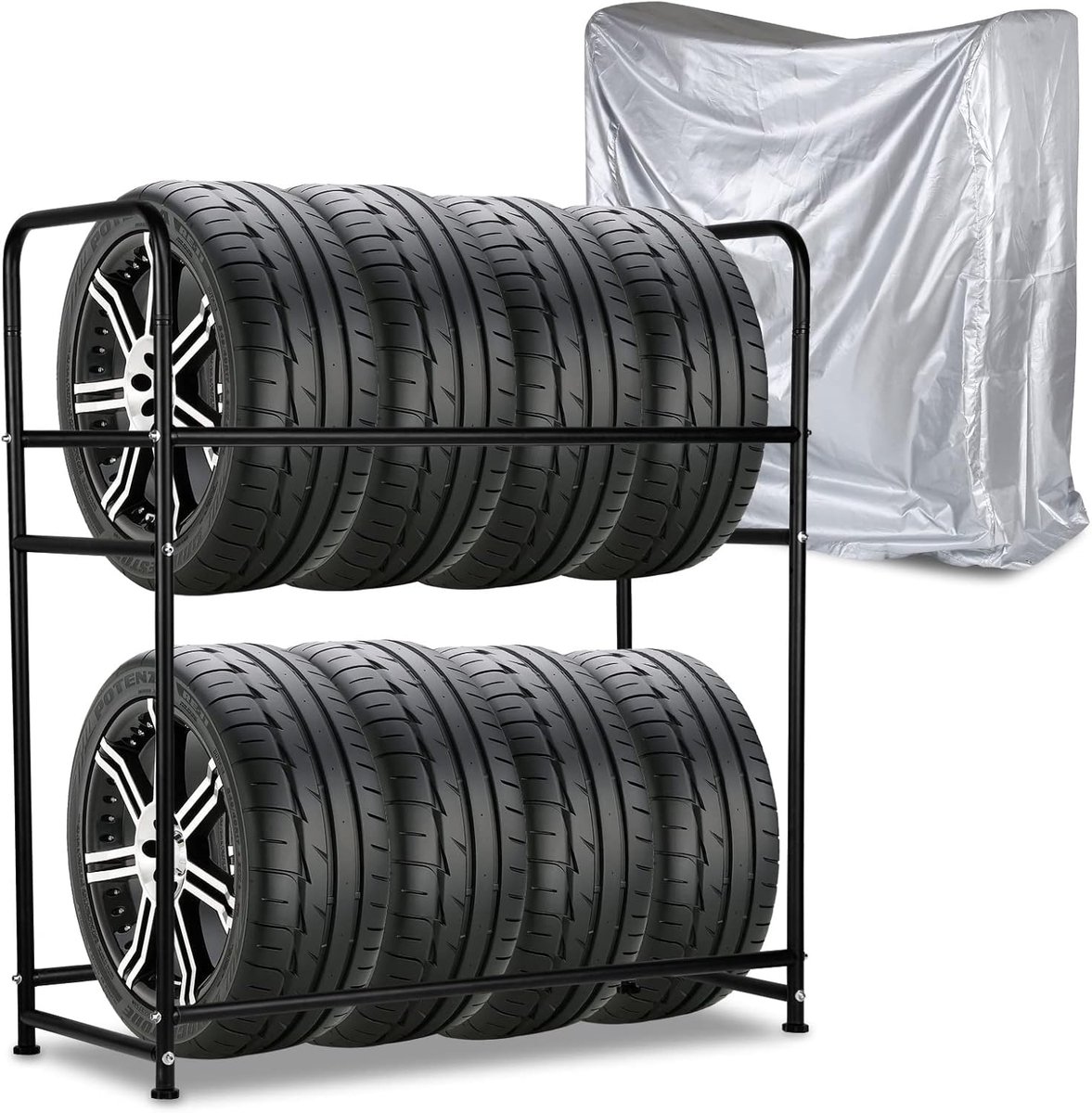 Bandenrek voor 8 banden, bandenstandaard 107 x 46 x 117 cm, velgenhouder voor autobanden, laadvermogen 180 kg, velgenrek met bandenbeschermhoes, hoogteverstelling voor bandenrekken, voor