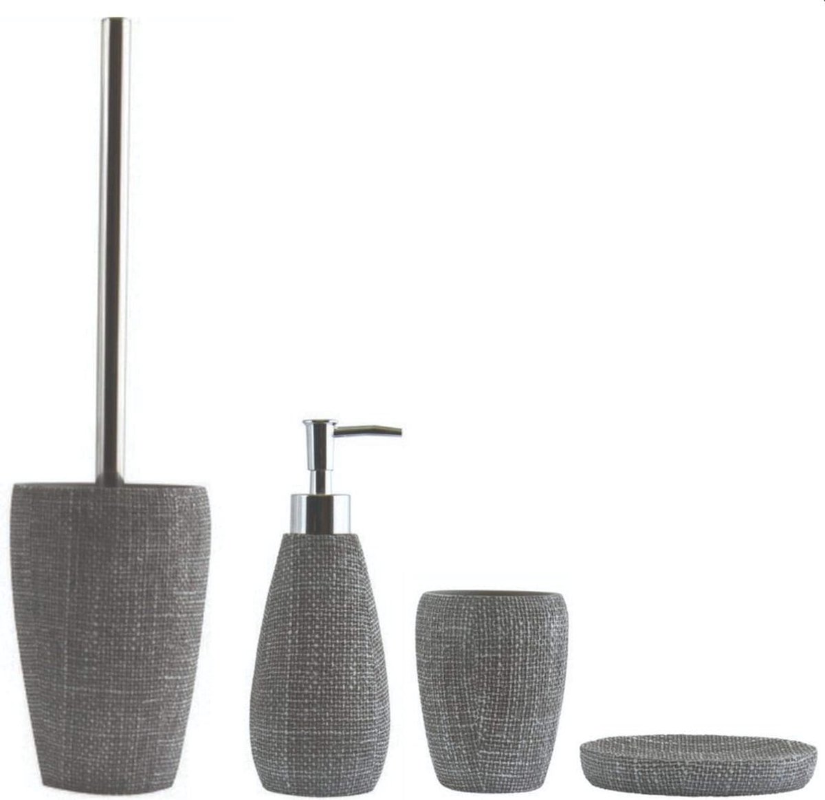 Badkamerset, 4-delige badkameraccessoires van polyresin Enzo zeepdispenser, toiletborstel, zeepbakje en tandenborstelbeker, jeans-look