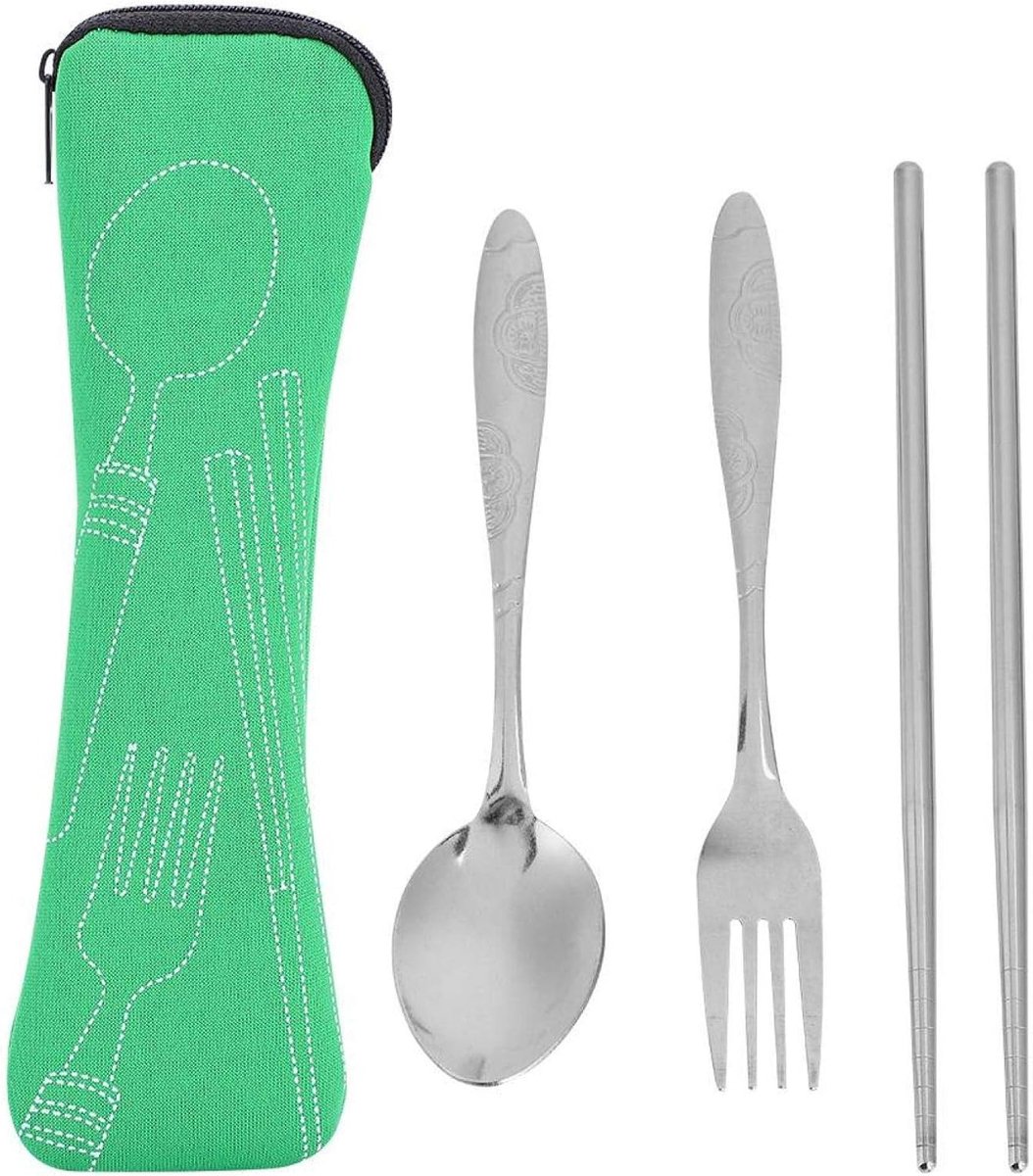 Eetstokjes Vork Lepel Set Outdoor Draagbare Servies Reizen Maaltijd Levert Met Een Opbergtas(Groen)