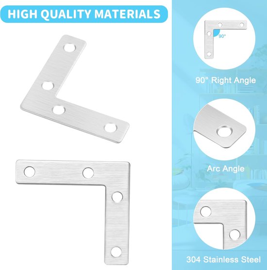 20 stuks, platte hoeken, metalen hoekklemmen, 50 x 50 mm, L-vorm, meubelhoek met schroeven voor versterking en reparatie van meubels — afbeelding 4