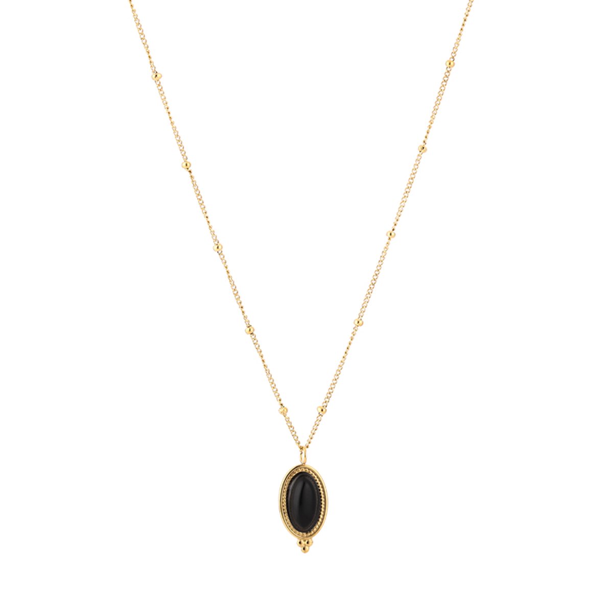 Bohemian Oval Marquise Natural Stone Satellite Chain Necklace – Luxe Natuursteen Ketting - BOHO – RVS - Zwart