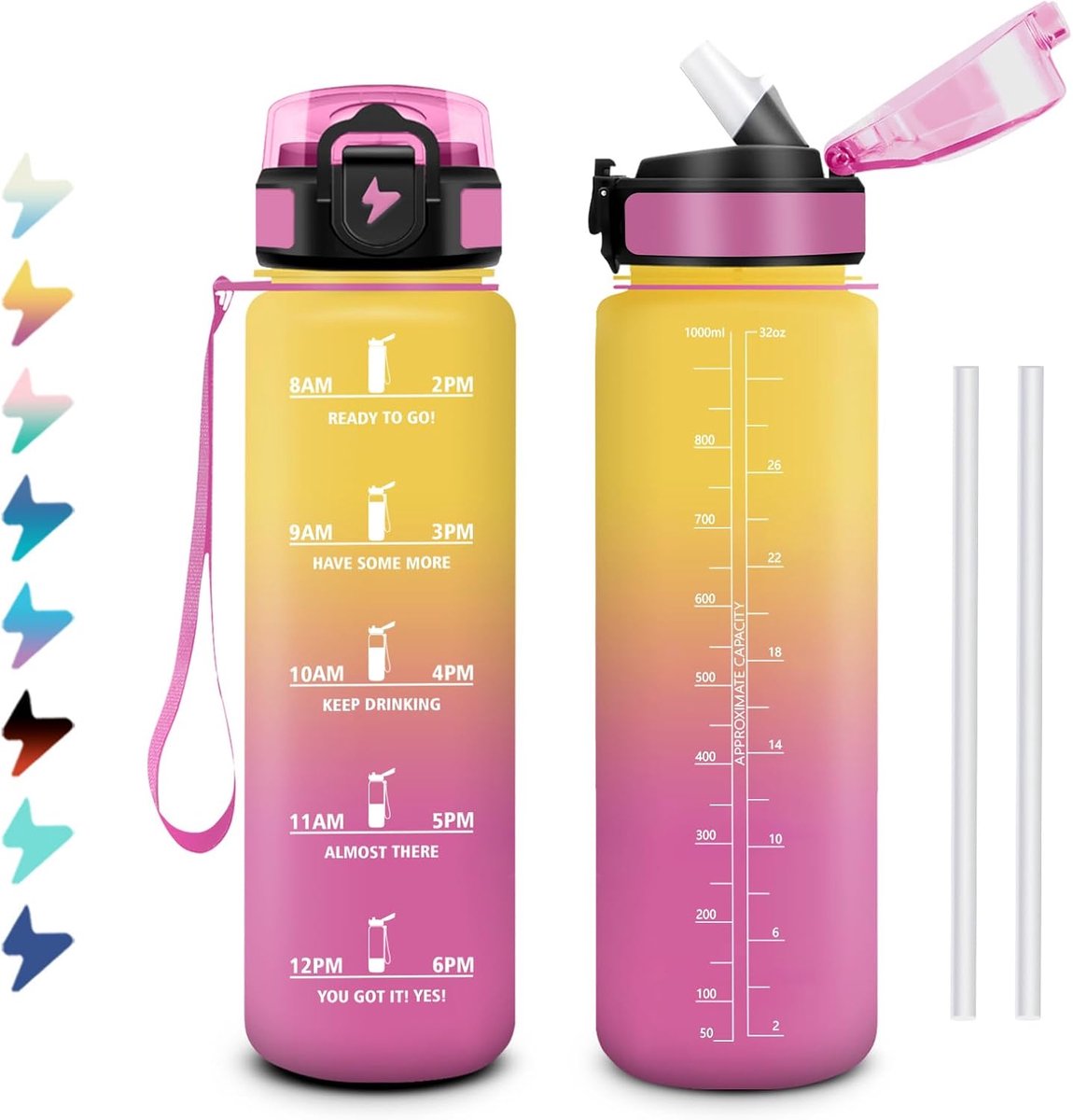 1 liter sportfles, lekvrij, gemakkelijk te openen, waterfles met tijdweergave, drinkfles met rietje, voor sportschool, hardlopen, kantoor, camping, fietsen