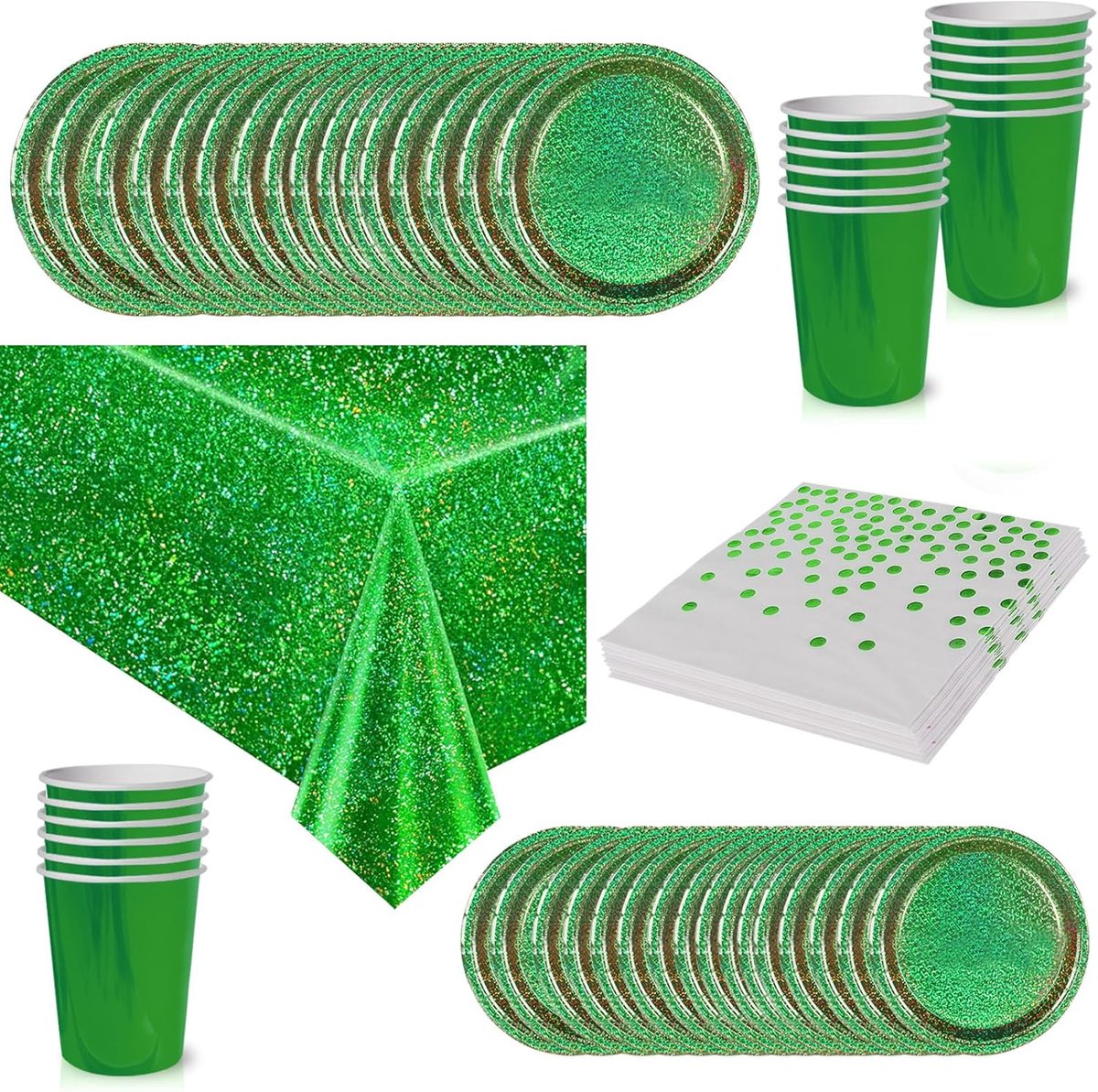 65-delige set feestservies met groene metallic folie, plastic groene tafelkleden, wegwerppapieren borden, servetten en bekers, servies voor kinderen, volwassenen, mannen, vrouwen, verjaardag