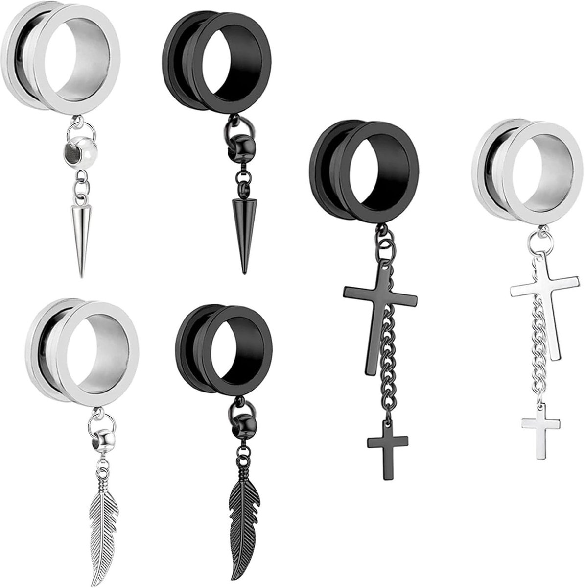 6 stuks oortunnels met hanger, roestvrij staal, flesh tunnel, set 6-16 mm, hanger, veer, kruisen met schroefsluiting, expander, oorplugs, piercing, oorbellen