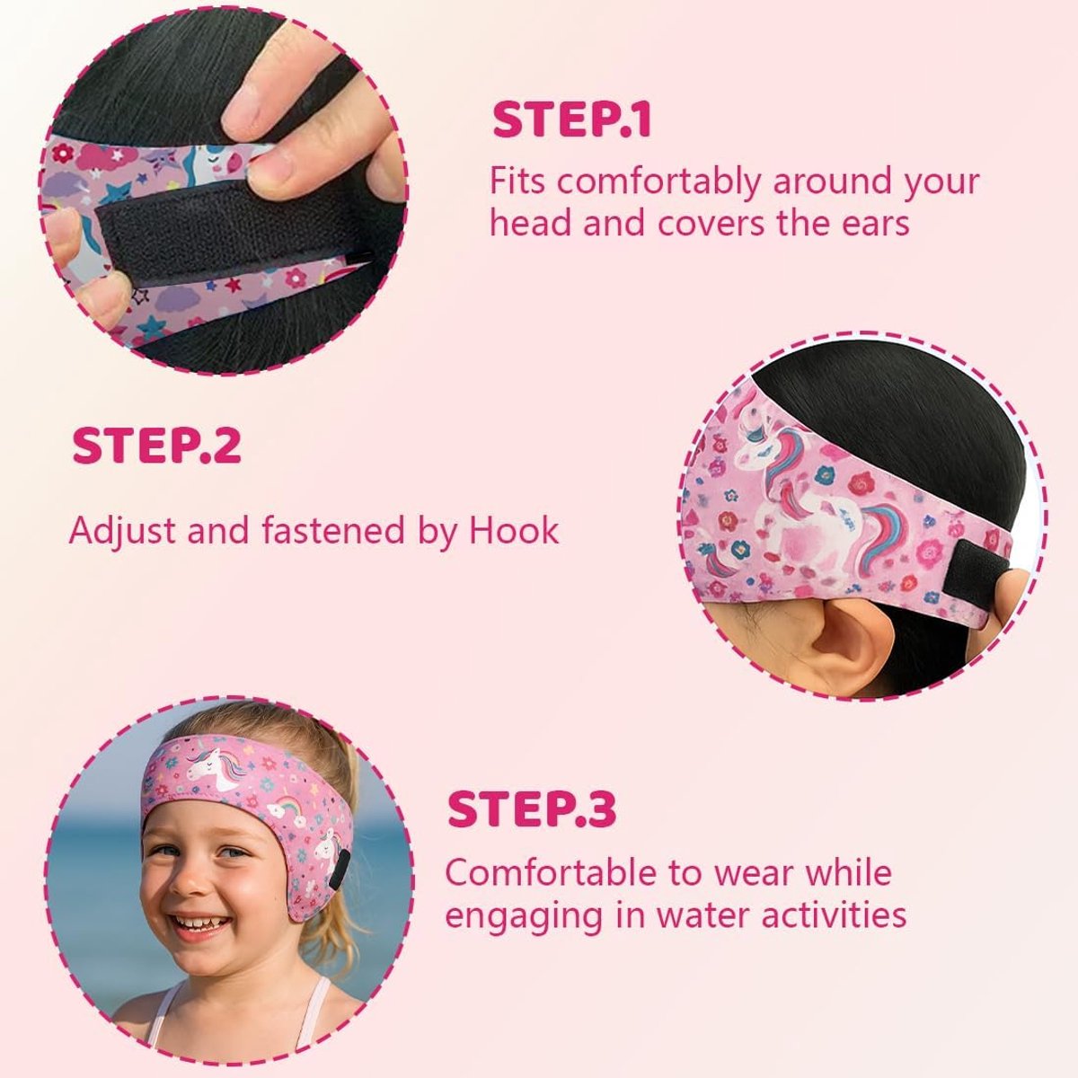 Hoofdband Voor Zwemmen Voor Kinderen, Eenhoorn Hoofdband, Neopreen Zwemband Oorbescherming, Waterdicht Haarband Met Hoge Elasticiteit, Roze Met Patronen