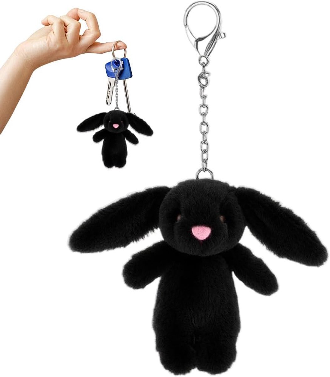 konijn, schattige sleutelhanger met gevulde haas, schattige pluche haas-sleutelhanger, pluche haas, tas, autosleuteldecoratie, zwart
