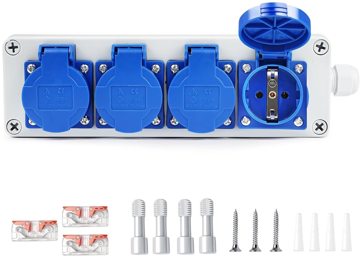 Stopcontactverdeler, 4 x 220 V, bouwstroomverdeler, 16 A, beschermingsklasse IP54, wandverdeler, Schuko-stopcontacten, verdeelkast, opbouw voor werkplaats, binnen en buiten (4-voudige