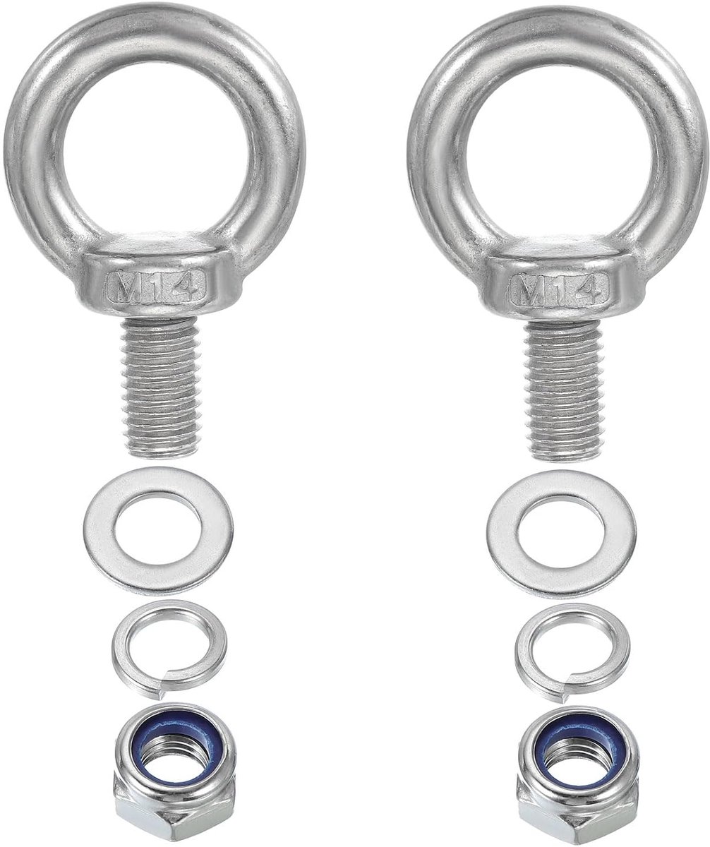 M14 x 20 mm oogschroeven met moer, set van 2 304 roestvrij stalen hefschouders, oogbout lift schroefdraadschroeven om op te hangen, zilver