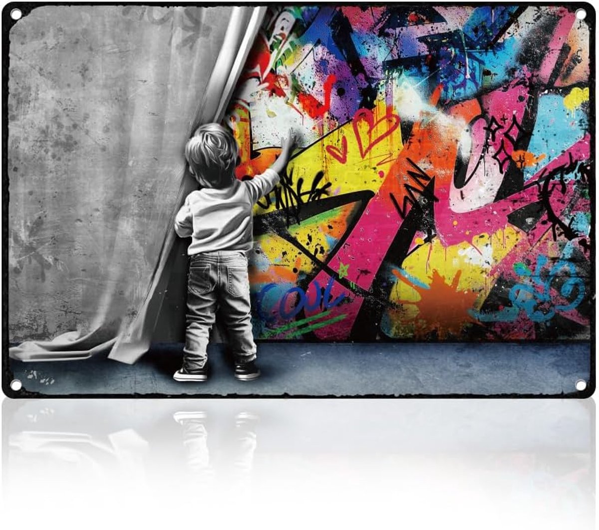 Street graffiti, retro, wanddecoratie, metalen plaatbord, 20 x 30 cm, Behind The Curtain, poster, vintage muurkunst, poster voor thuis, koffie, cafés, badkamer, mannenhol, kantoor