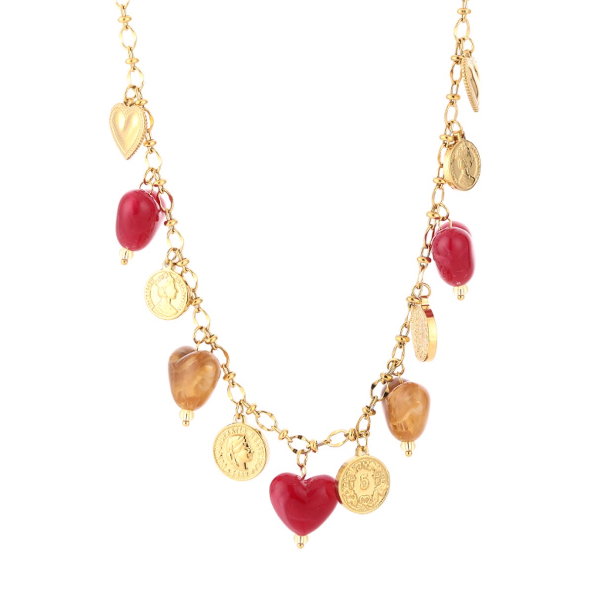 Chunky Heart & Coin Charm Chain Necklace – Luxe Bedel Ketting met Hartjes – RVS - Rood