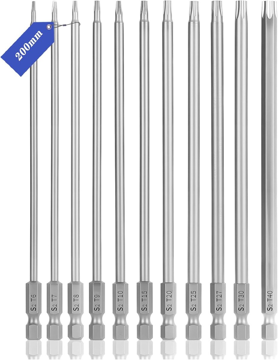 11-delig, lang, 200 mm, hex-schroevendraaierbits, set 1/4 inch, magnetische sterkop, T6, T7, T8, T9, T10, T15, T20, T25, T27, T30, T40